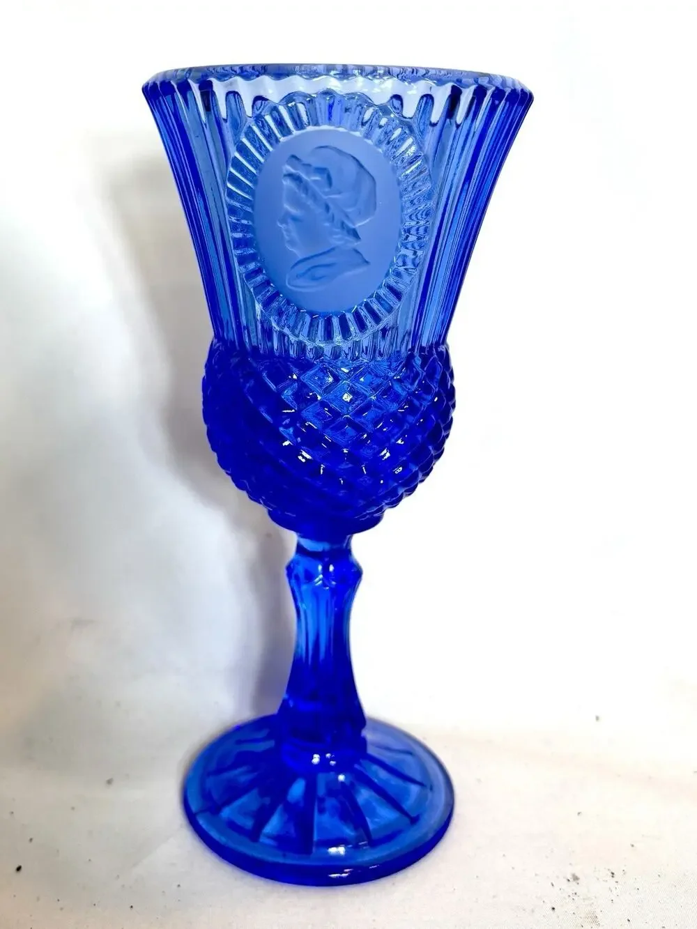 Vintage Cobalt Blue Goblet Cameo Glass Indiana Avon Style Water Wine Glass